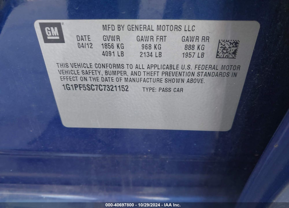 2012 CHEVROLET CRUZE 1LT VIN: 1G1PF5SC7C7321152