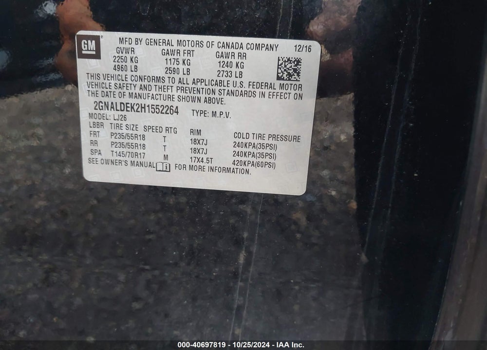 2017 CHEVROLET EQUINOX PREMIER VIN: 2GNALDEK2H1552264