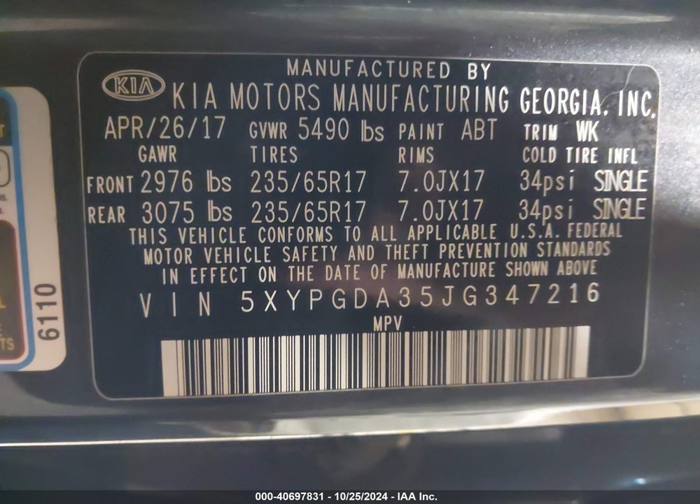 2018 KIA SORENTO 2.4L LX VIN: 5XYPGDA35JG347216