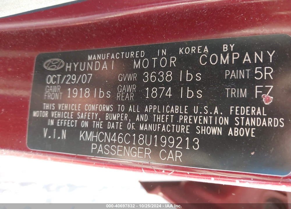 2008 HYUNDAI ACCENT GLS VIN: KMHCN46C18U199213