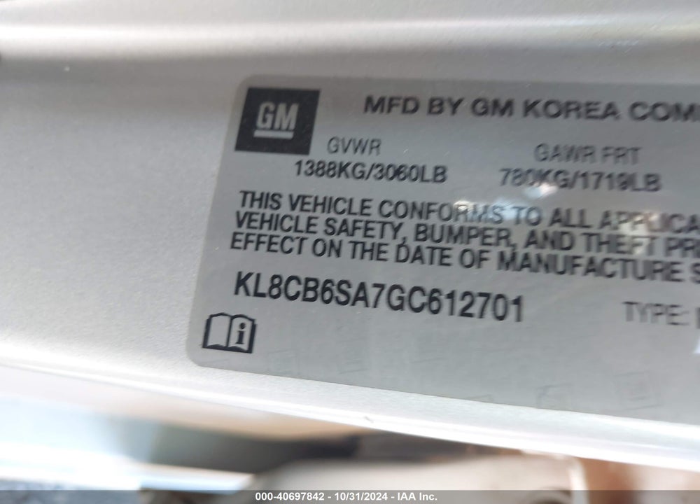 2016 CHEVROLET SPARK LS CVT VIN: KL8CB6SA7GC612701