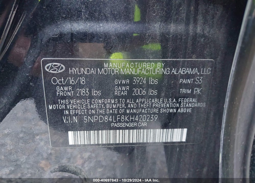 2019 HYUNDAI ELANTRA SEL VIN: 5NPD84LF8KH420239