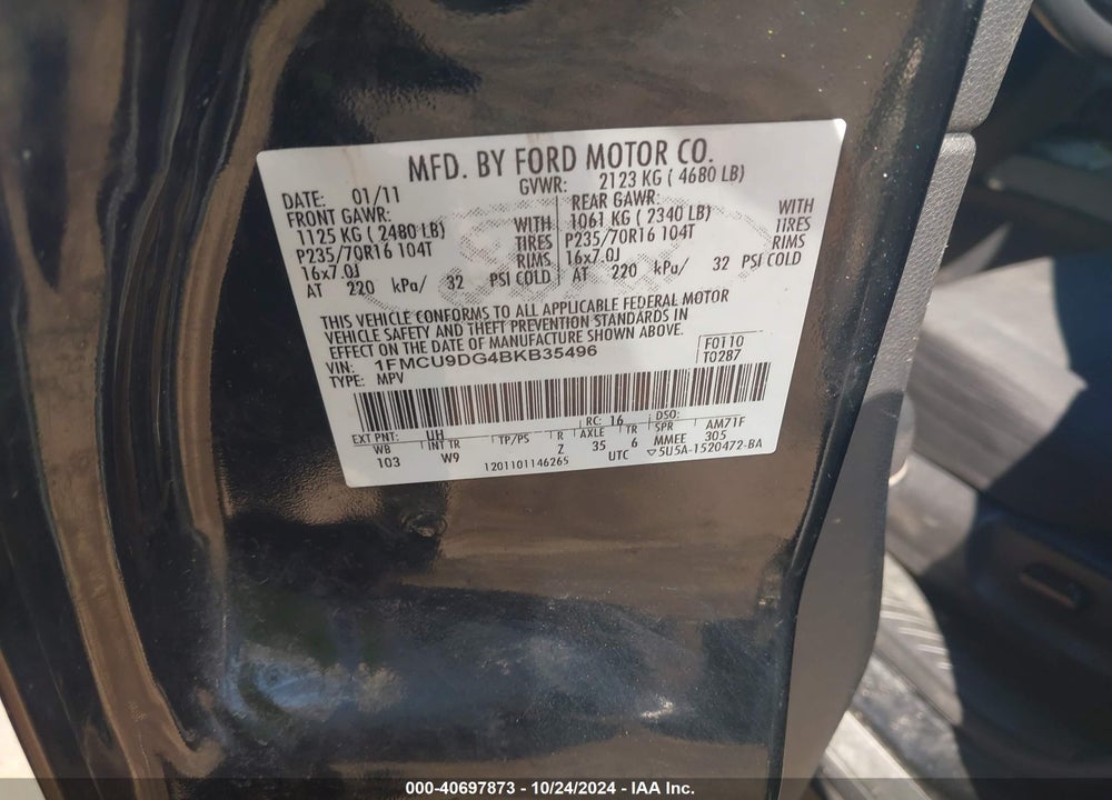 2011 FORD ESCAPE XLT VIN: 1FMCU9DG4BKB35496