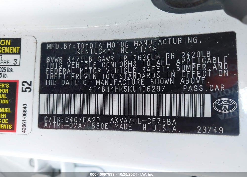 2019 TOYOTA CAMRY SE VIN: 4T1B11HK5KU196297