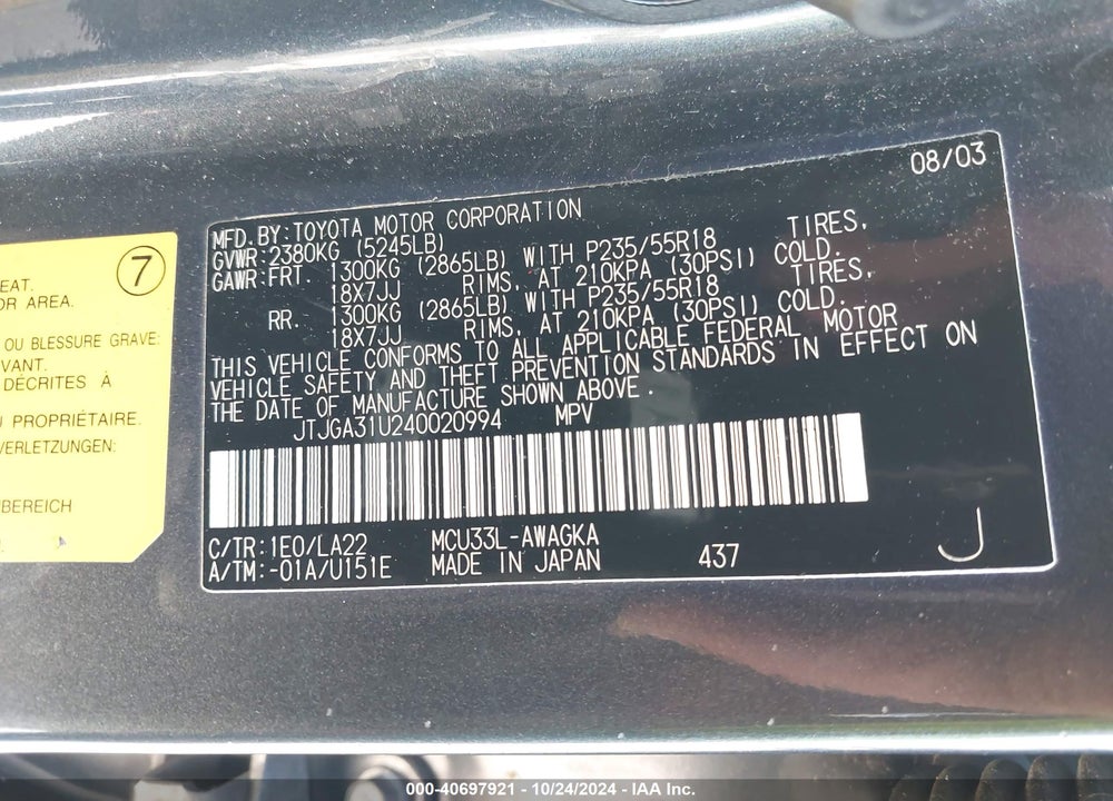 2004 LEXUS RX 330 VIN: JTJGA31U240020994