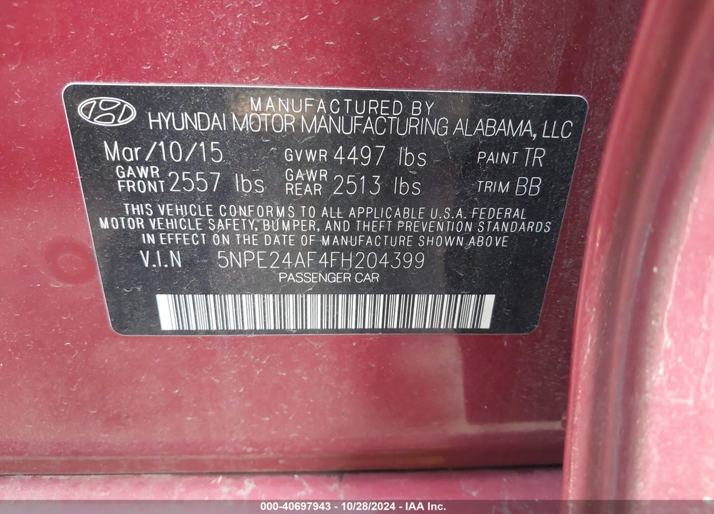 2015 HYUNDAI SONATA SE VIN: 5NPE24AF4FH204399