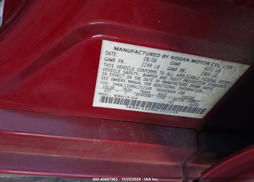 2006 NISSAN ALTIMA 2.5 S VIN: 1N4AL11D96C252149