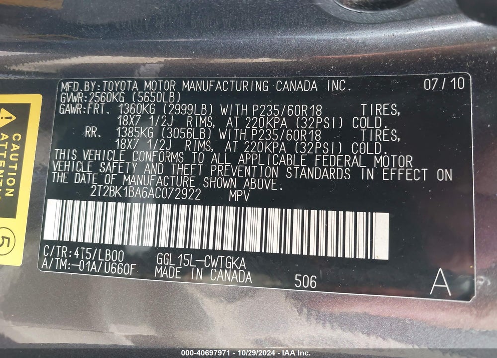 2010 LEXUS RX 350 VIN: 2T2BK1BA6AC072922