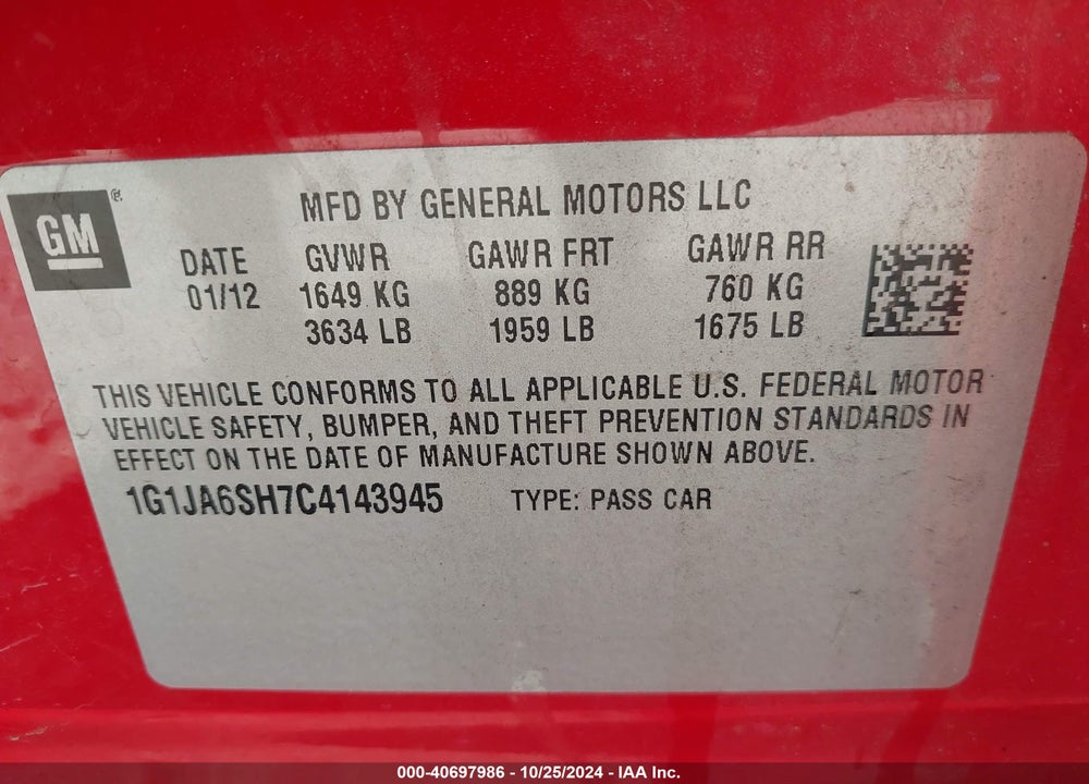2012 CHEVROLET SONIC 2LS VIN: 1G1JA6SH7C4143945