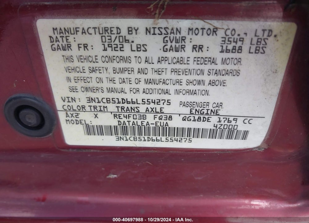 2006 NISSAN SENTRA 1.8S VIN: 3N1CB51D66L554275