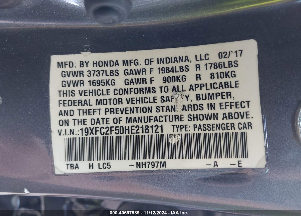 2017 HONDA CIVIC LX VIN: 19XFC2F50HE218121