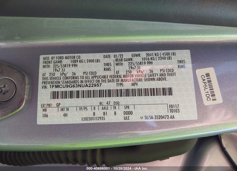2022 FORD ESCAPE SE VIN: 1FMCU9G63NUA22957