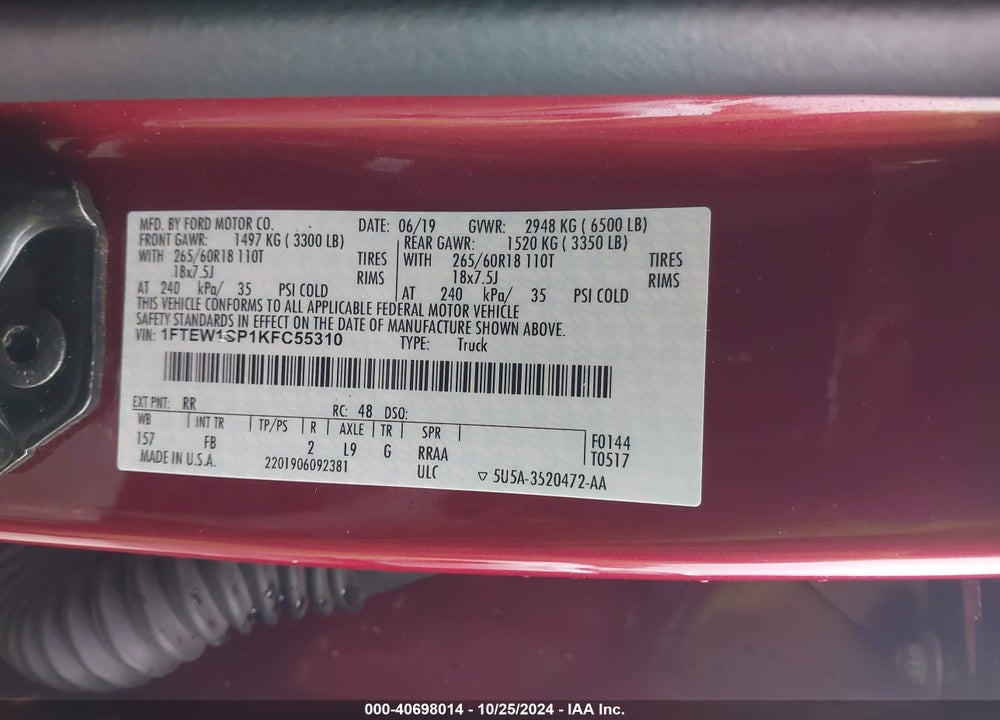 2019 FORD F-150 XLT VIN: 1FTEW1CP1KFC55310