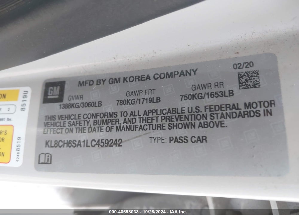 2020 CHEVROLET SPARK FWD ACTIV AUTOMATIC VIN: KL8CH6SA1LC459242