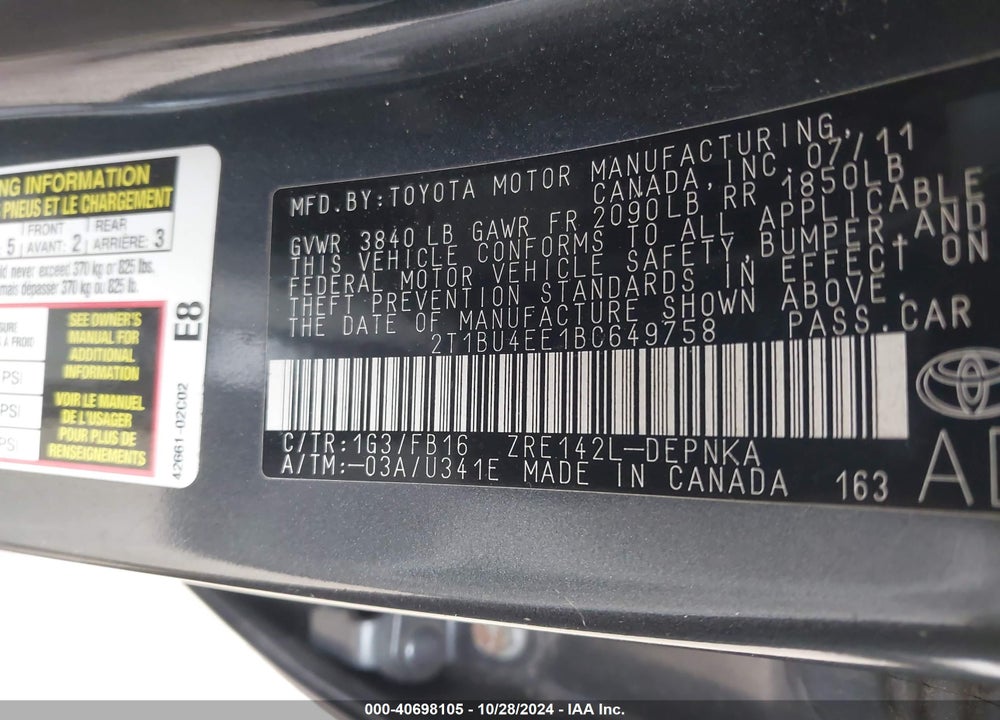 2011 TOYOTA COROLLA LE VIN: 2T1BU4EE1BC649758