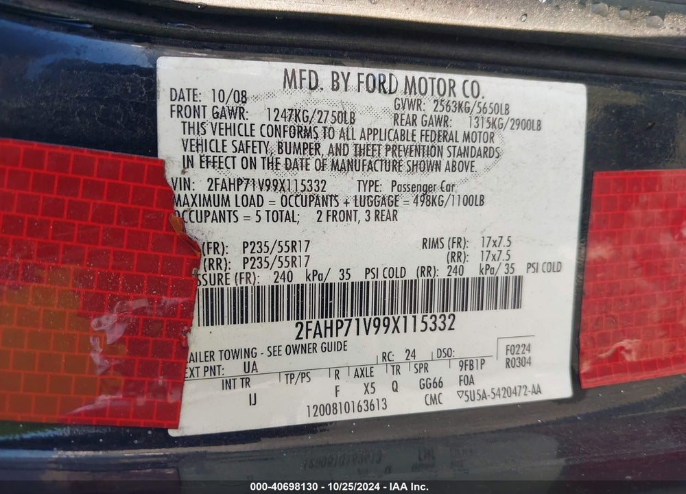 2009 FORD CROWN VICTORIA POLICE INTERCEPTOR VIN: 2FAHP71V99X115332