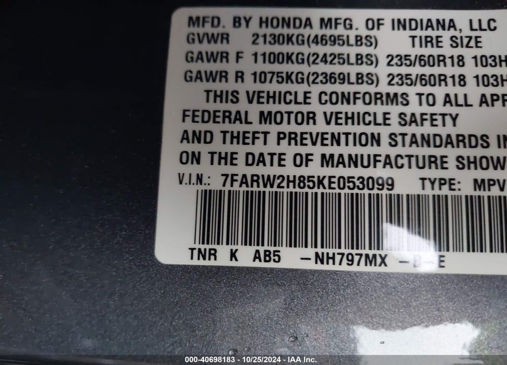 2019 HONDA CR-V EX-L VIN: 7FARW2H85KE053099