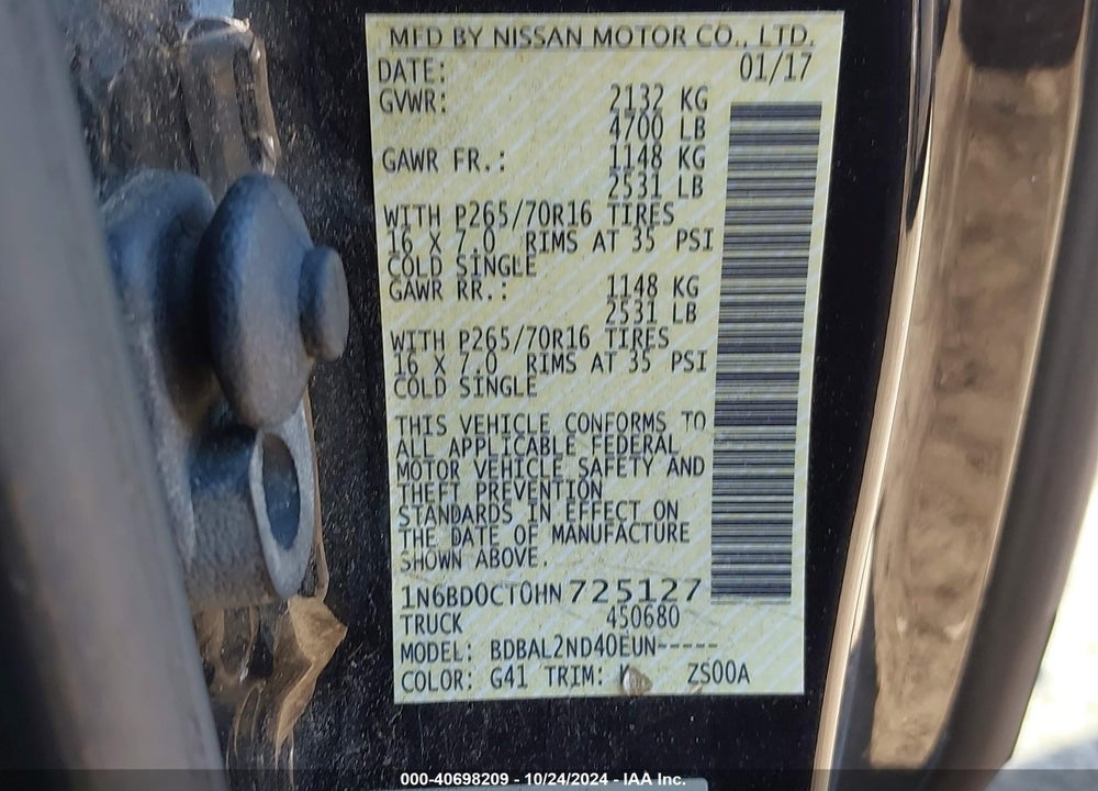 2017 NISSAN FRONTIER SV-I4 VIN: 1N6BD0CT0HN725127
