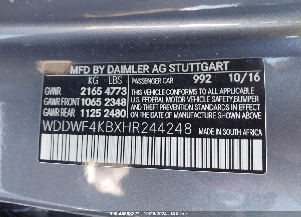 2017 MERCEDES-BENZ C 300 4MATIC/LUXURY 4MATIC/SPORT 4MATIC VIN: WDDWF4KBXHR244248