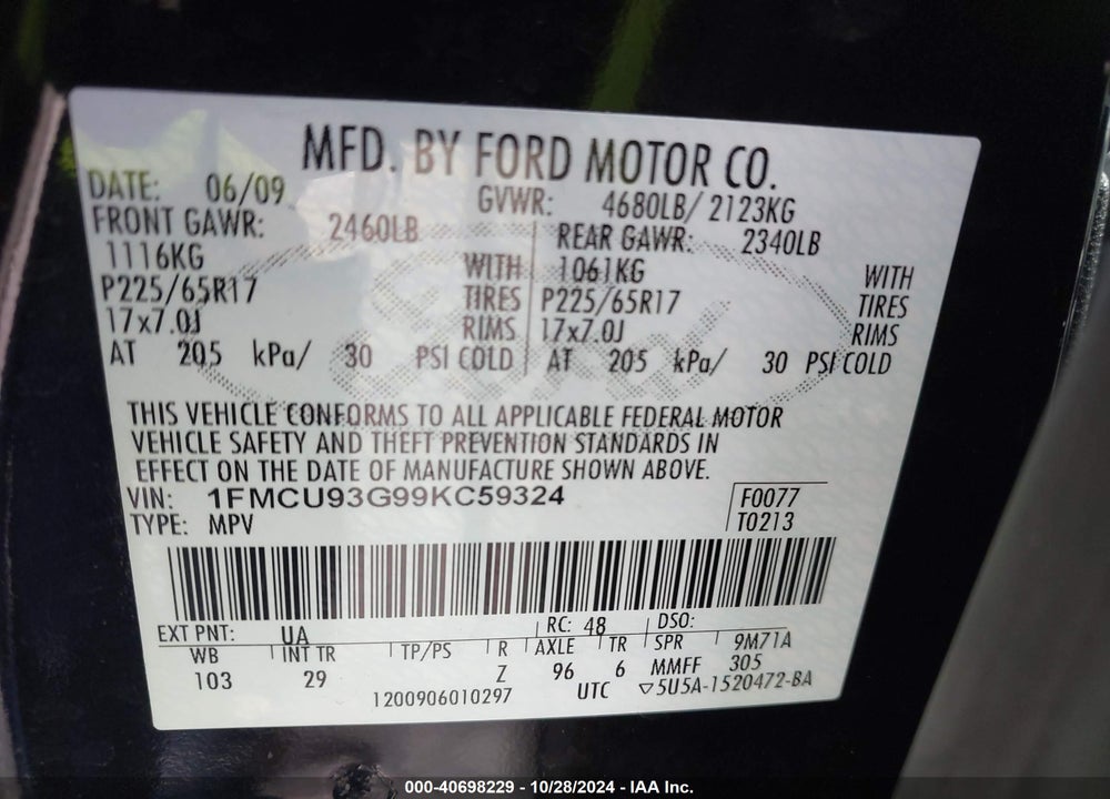 2009 FORD ESCAPE XLT VIN: 1FMCU93G99KC59324