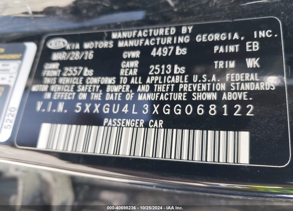 2016 KIA OPTIMA EX VIN: 5XXGU4L3XGG068122