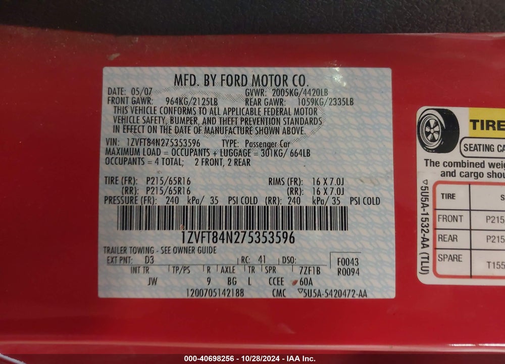 2007 FORD MUSTANG V6 DELUXE/V6 PREMIUM VIN: 1ZVFT84N275353596