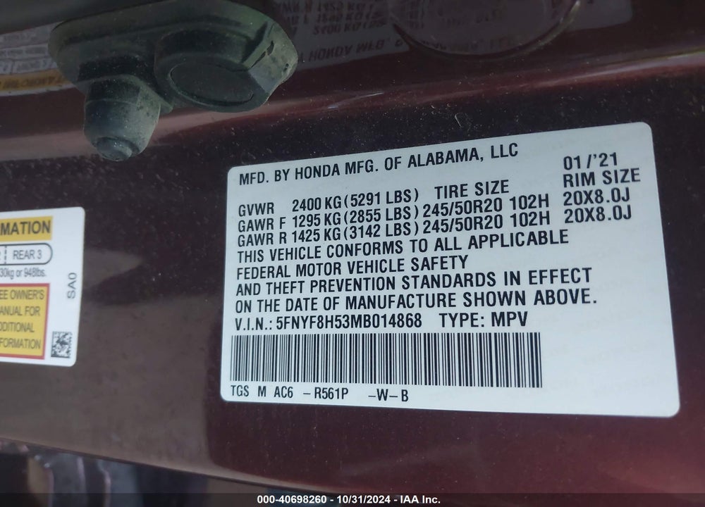 2021 HONDA PASSPORT AWD EX-L VIN: 5FNYF8H53MB014868
