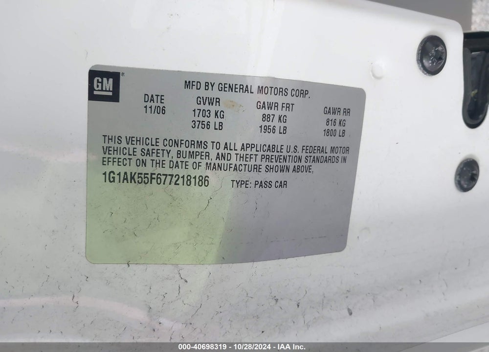 2007 CHEVROLET COBALT LS VIN: 1G1AK55F677218186