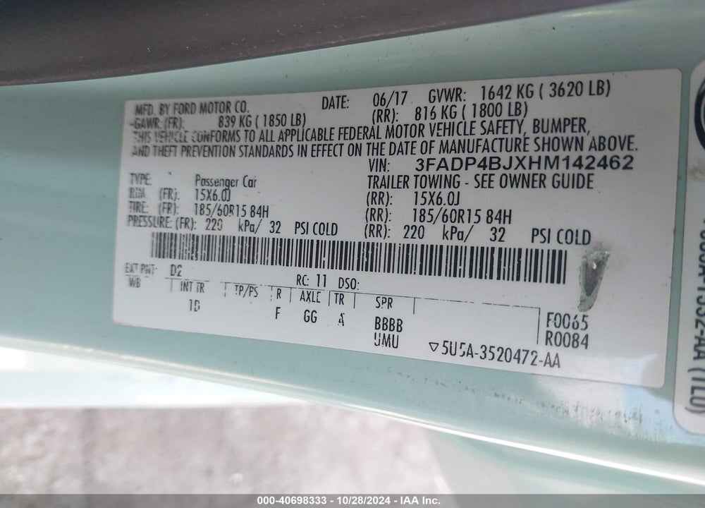 2017 FORD FIESTA SE VIN: 3FADP4BJXHM142462