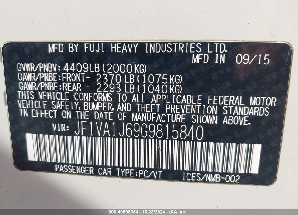 2016 SUBARU WRX LIMITED VIN: JF1VA1J69G9815840