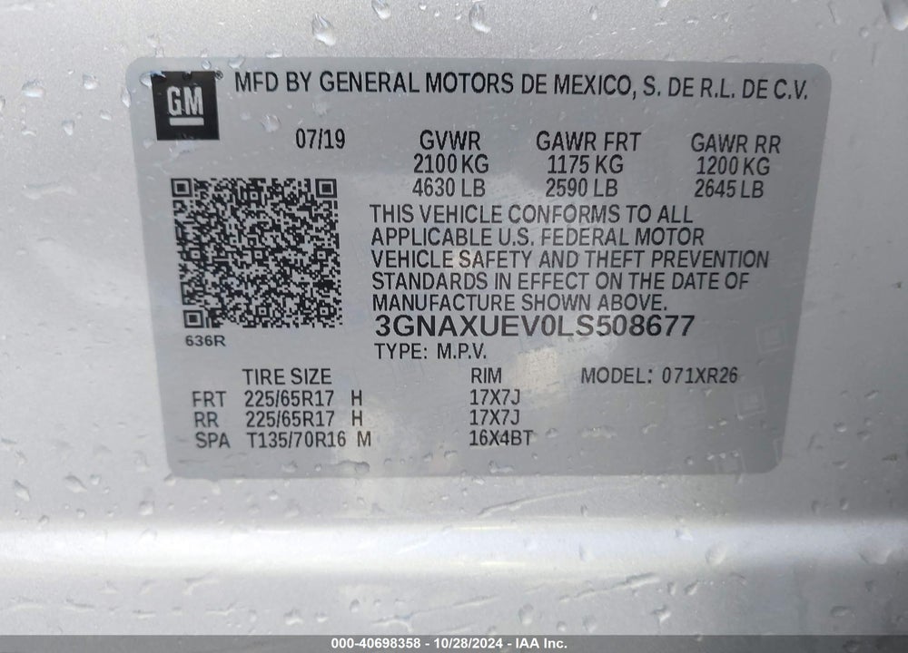 2020 CHEVROLET EQUINOX AWD LT 1.5L TURBO VIN: 3GNAXUEV0LS508677