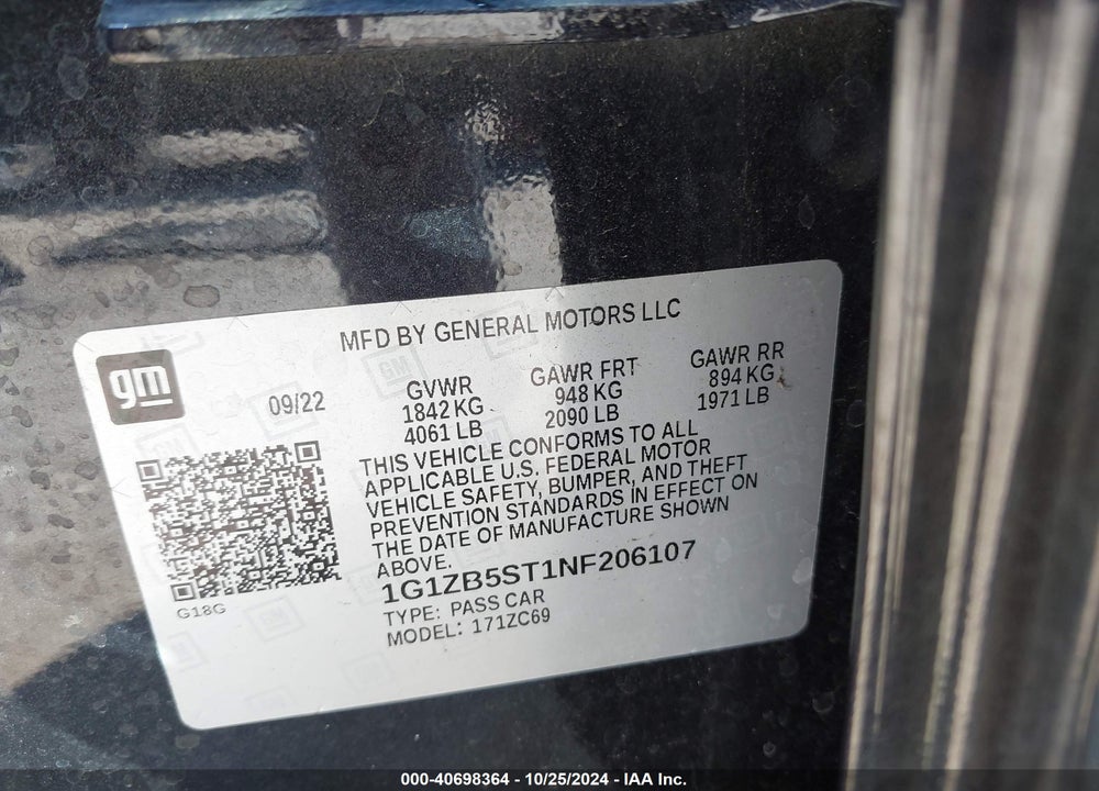 2022 CHEVROLET MALIBU FWD LS VIN: 1G1ZB5ST1NF206107