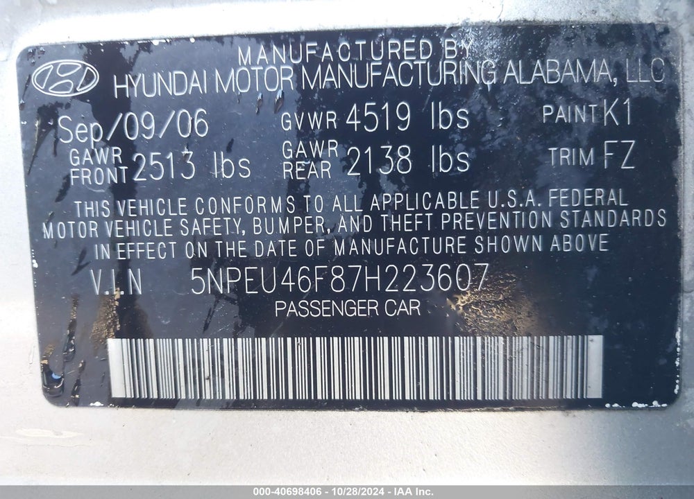 2007 HYUNDAI SONATA LIMITED/SE V6 VIN: 5NPEU46F87H223607