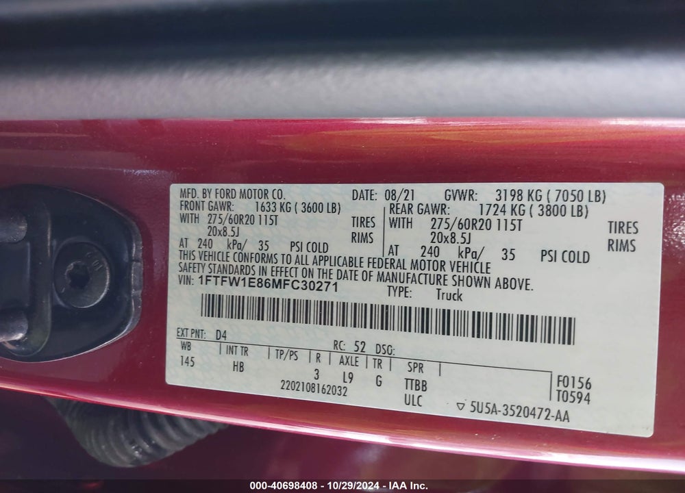 2021 FORD F-150 LARIAT VIN: 1FTFW1E86MFC30271