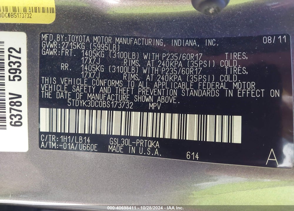 2011 TOYOTA SIENNA XLE V6 VIN: 5TDYK3DC0BS173732