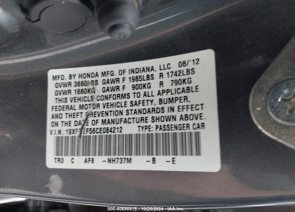 2012 HONDA CIVIC SDN LX VIN: 19XFB2F56CE084212