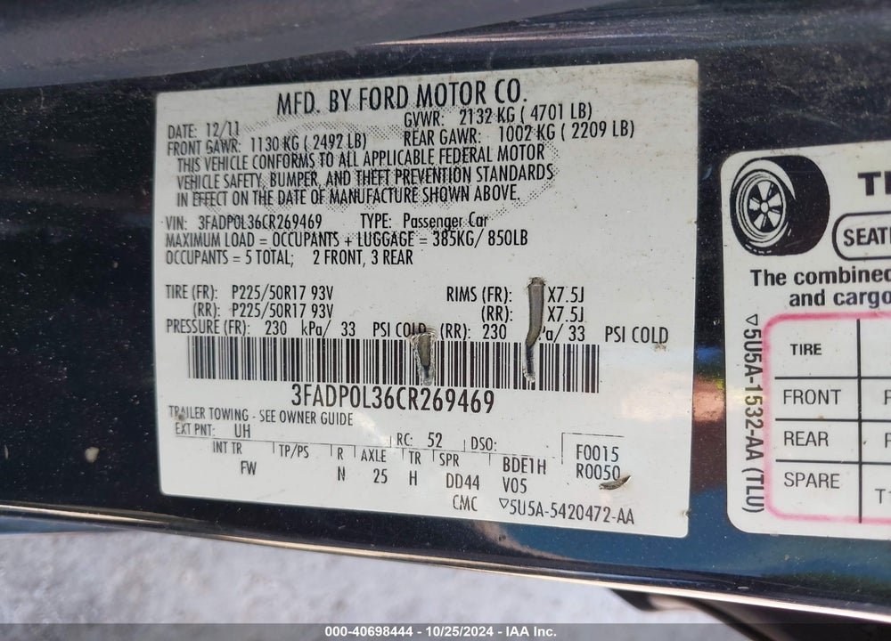 2012 FORD FUSION HYBRID VIN: 3FADP0L36CR269469
