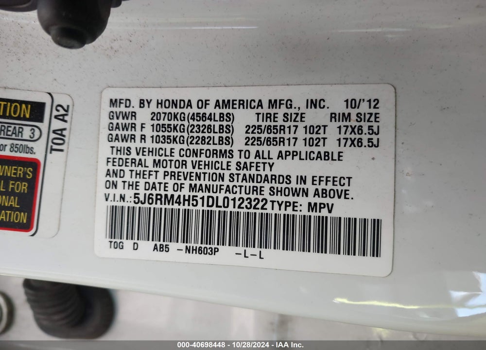 2013 HONDA CR-V EX VIN: 5J6RM4H51DL012322