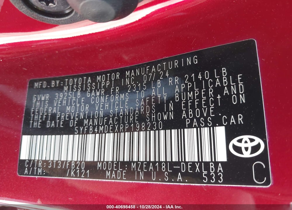 2024 TOYOTA COROLLA LE VIN: 5YFB4MDEXRP198230