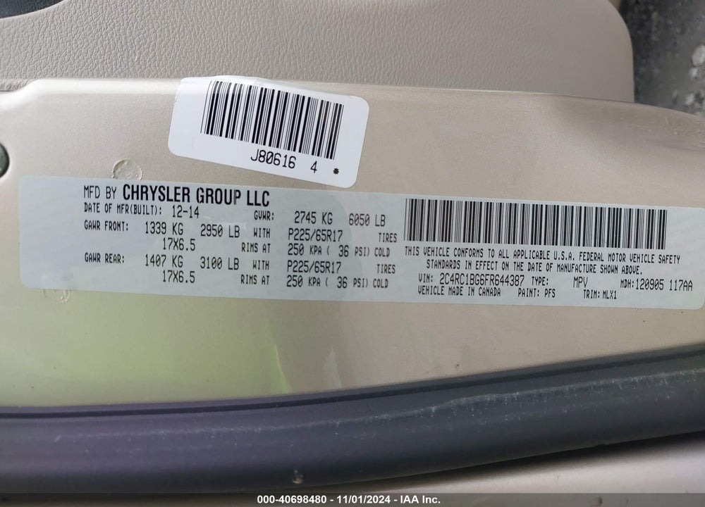 2015 CHRYSLER TOWN & COUNTRY TOURING VIN: 2C4RC1BG6FR644387