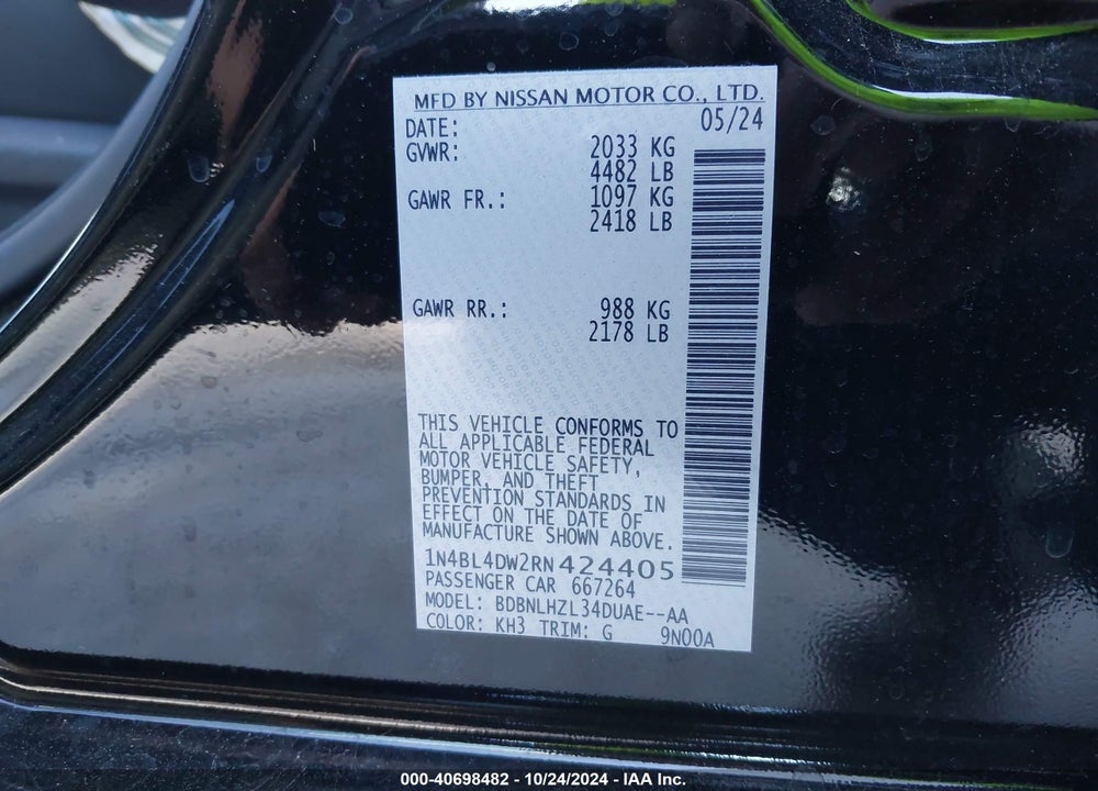 2024 NISSAN ALTIMA SV INTELLIGENT AWD VIN: 1N4BL4DW2RN424405