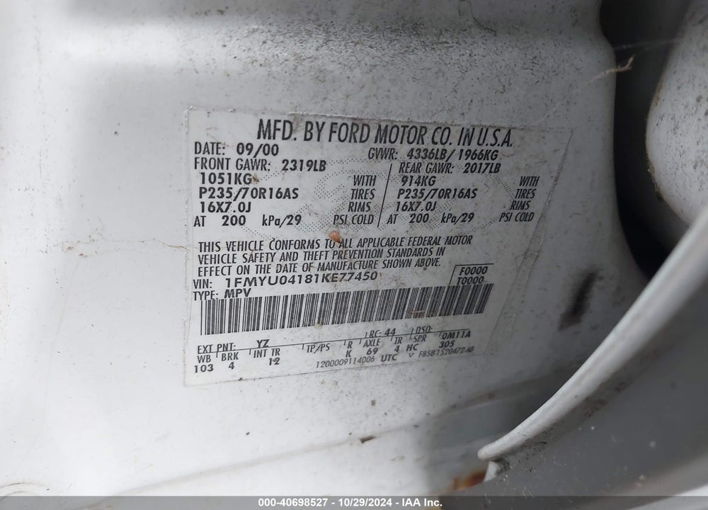 2001 FORD ESCAPE XLT VIN: 1FMYU04181KE77450