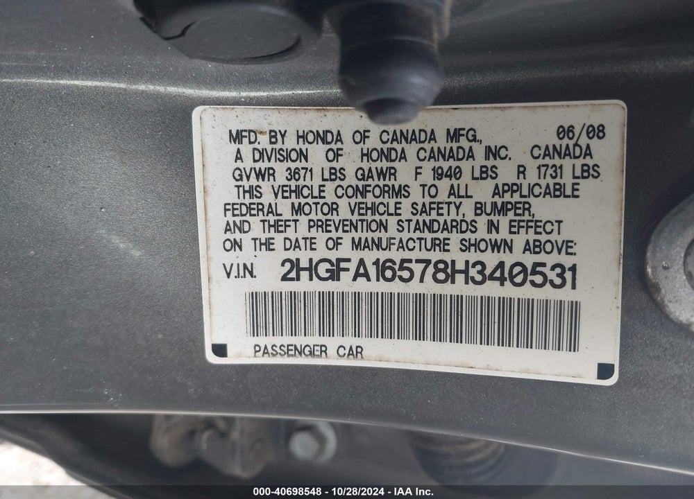 2008 HONDA CIVIC LX VIN: 2HGFA16578H340531