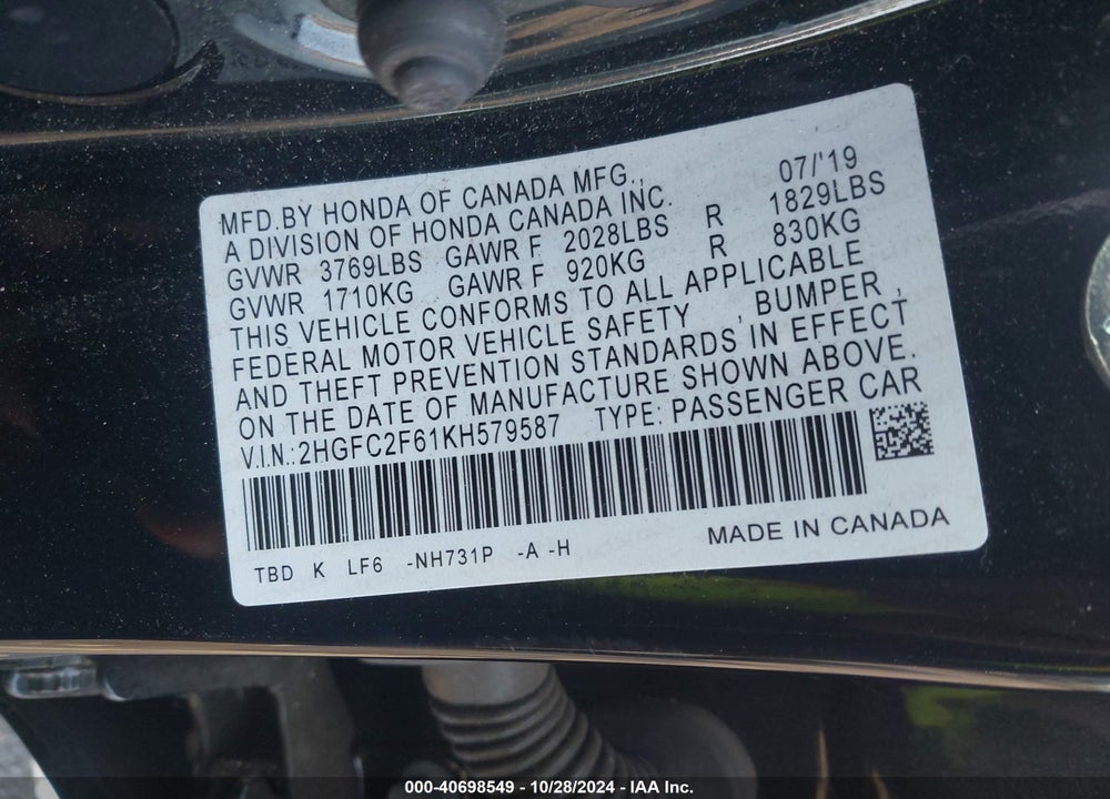 2019 HONDA CIVIC LX VIN: 2HGFC2F61KH579587