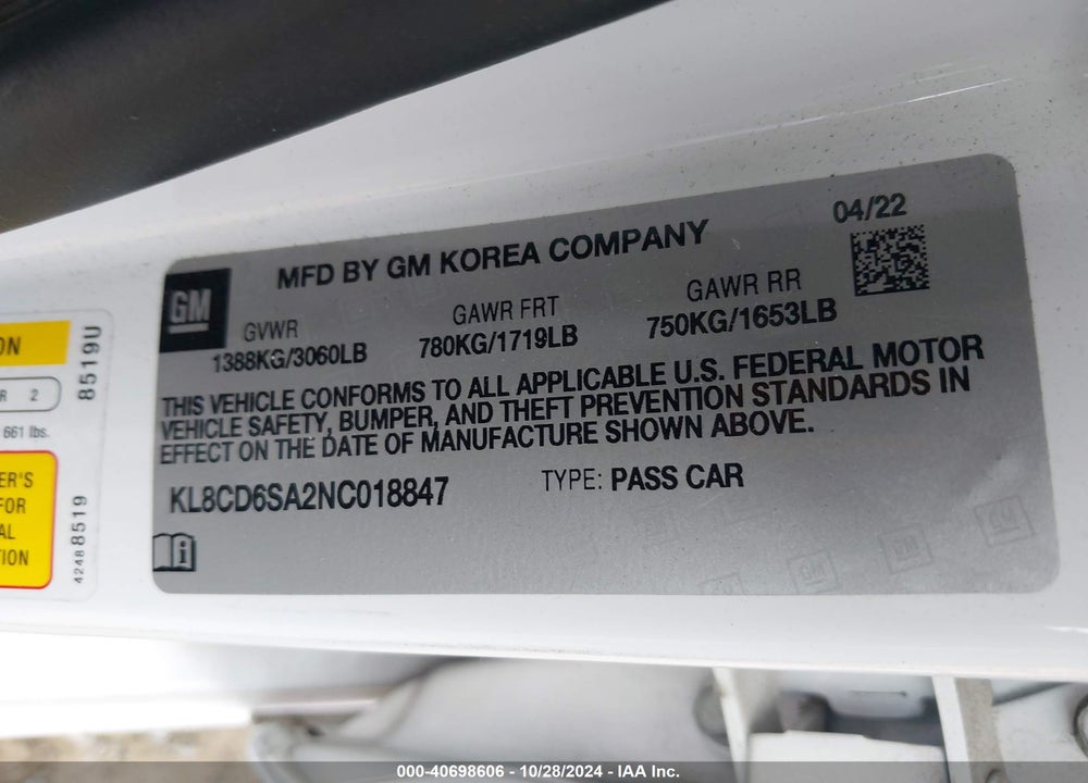 2022 CHEVROLET SPARK VIN: KL8CD6SA2NC018847