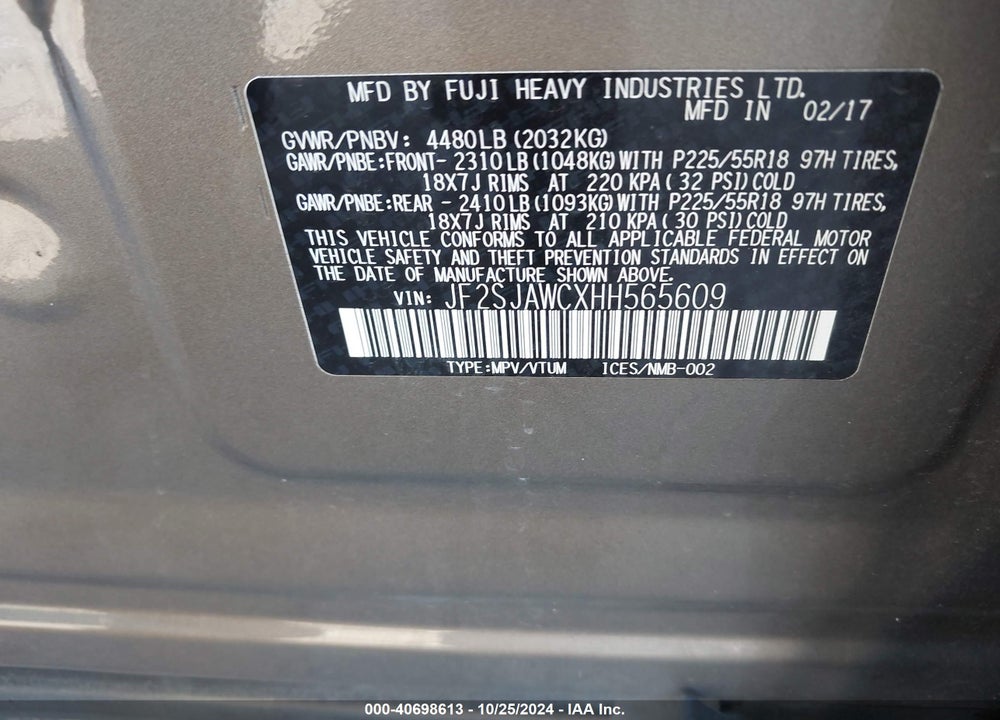 2017 SUBARU FORESTER 2.5I TOURING VIN: JF2SJAWCXHH565609