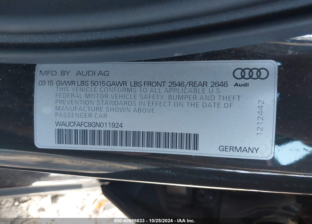 2016 AUDI A6 2.0T PREMIUM VIN: WAUCFAFC8GN011924