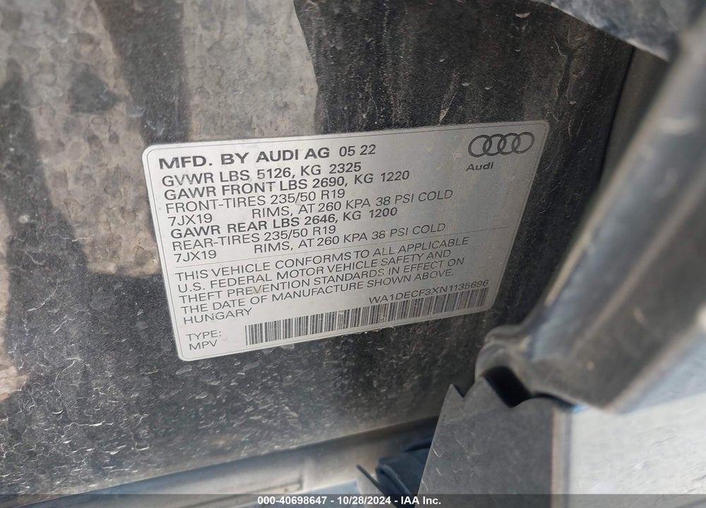 2022 AUDI Q3 PREMIUM 45 TFSI S LINE QUATTRO TIPTRONIC VIN: WA1DECF3XN1135696