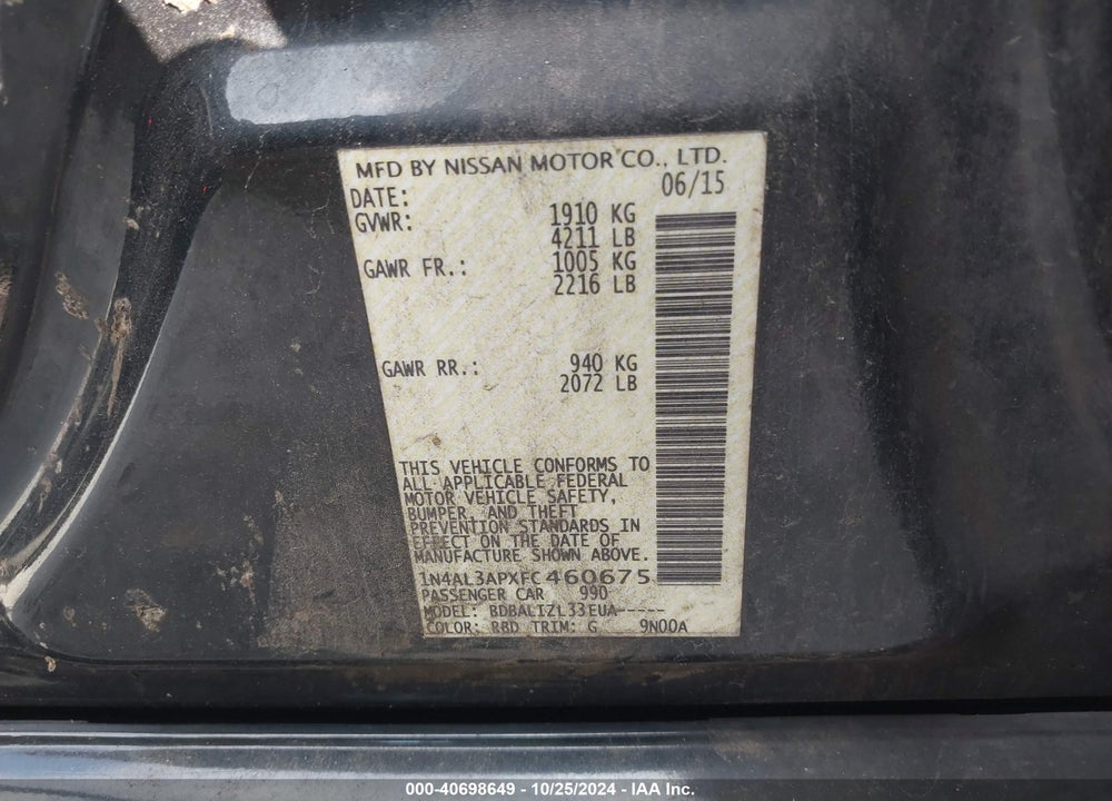 2015 NISSAN ALTIMA 2.5 SV VIN: 1N4AL3APXFC460675