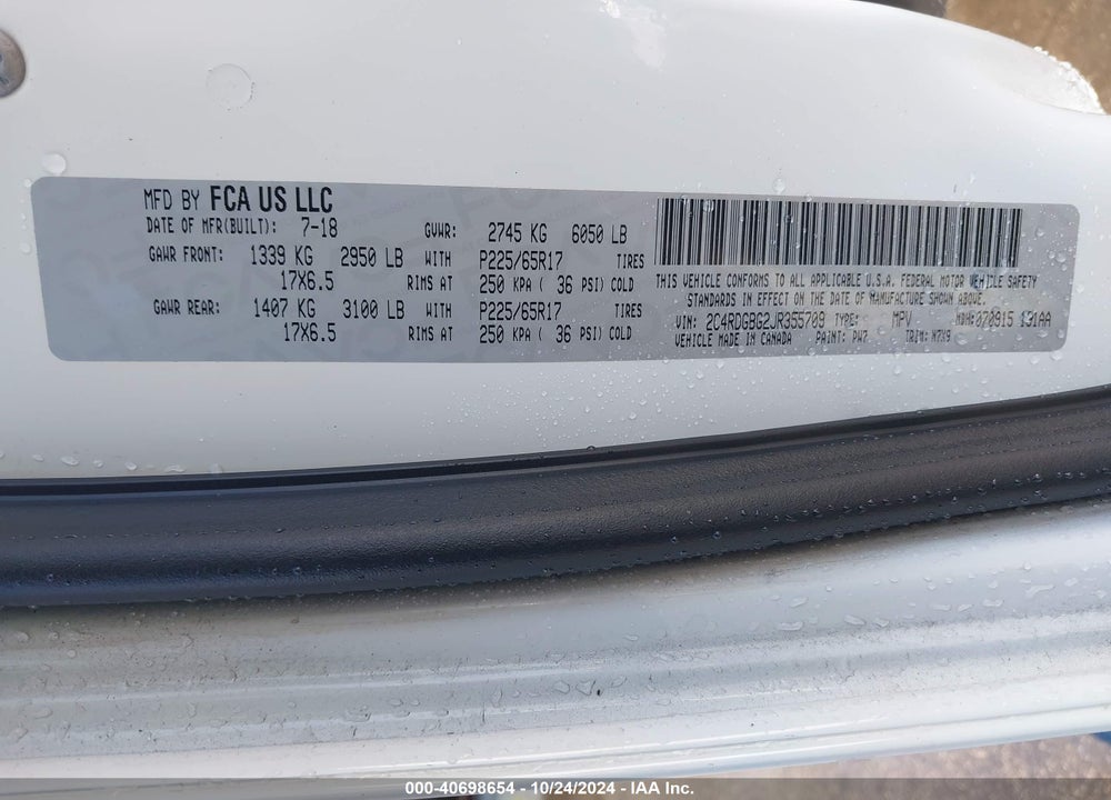 2018 DODGE GRAND CARAVAN SE PLUS VIN: 2C4RDGBG2JR355709